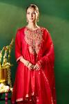 Shop_Samyukta Singhania_Red Organza, Silk, Shantoon Embroidery, Sequins Round Neck, Keyhole Anarkali Set _at_Aza_Fashions