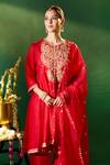 Samyukta Singhania_Red Organza, Silk, Shantoon Embroidery, Sequins Round Neck, Keyhole Anarkali Set 