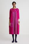 Buy_Naina Jain_Magenta Silk Round Neck Bandhani Print Midi Dress _at_Aza_Fashions