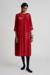 Buy_Naina Jain_Red Silk Embroidery Round Neck Geometric Print Gathered Dress _at_Aza_Fashions