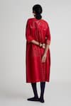 Shop_Naina Jain_Red Silk Embroidery Round Neck Geometric Print Gathered Dress _at_Aza_Fashions