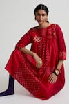 Buy_Naina Jain_Red Silk Embroidery Round Neck Geometric Print Gathered Dress _Online_at_Aza_Fashions