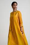 Shop_Naina Jain_Yellow Silk Embroidery Round Neck Printed And Bandhani Midi Dress _Online_at_Aza_Fashions