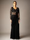 Buy_Vivek Patel_Black Georgette Beads, Cut Work V-neck Embellished Yoke Saree Gown _at_Aza_Fashions