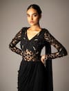 Vivek Patel_Black Georgette Beads, Cut Work V-neck Embellished Yoke Saree Gown _Online_at_Aza_Fashions