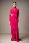 Buy_Vivek Patel_Fuchsia Georgette Sequins, Beads, Embroidery High Resham Embellished Saree Gown _at_Aza_Fashions