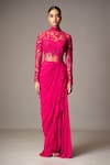 Buy_Vivek Patel_Fuchsia Georgette Sequins, Beads, Embroidery High Resham Embellished Saree Gown _Online_at_Aza_Fashions