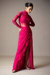 Vivek Patel_Fuchsia Georgette Sequins, Beads, Embroidery High Resham Embellished Saree Gown _at_Aza_Fashions