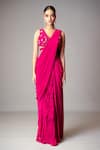 Buy Vivek Patel Fuchsia Georgette, Silk Ruffle Detailed Pre-draped Saree With Embellished Blouse at Aza Fashions Buy_Vivek Patel_Fuchsia Georgette, Silk Ruffle Detailed Pre-draped Saree With Embellished Blouse _at_Aza_Fashions