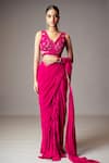 Vivek Patel Fuchsia Georgette, Silk Ruffle Detailed Pre-draped Saree With Embellished Blouse Online at Aza Fashions Vivek Patel_Fuchsia Georgette, Silk Ruffle Detailed Pre-draped Saree With Embellished Blouse _Online_at_Aza_Fashions