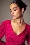 Vivek Patel Fuchsia Georgette Sequins, Beads, Cut Work Embellished Pre-draped Saree Gown Online at Aza Fashions Vivek Patel_Fuchsia Georgette Sequins, Beads, Cut Work Embellished Pre-draped Saree Gown _Online_at_Aza_Fashions