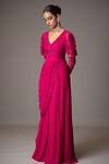Shop Vivek Patel Fuchsia Georgette Sequins, Beads, Cut Work Embellished Pre-draped Saree Gown Online at Aza Fashions Shop_Vivek Patel_Fuchsia Georgette Sequins, Beads, Cut Work Embellished Pre-draped Saree Gown _Online_at_Aza_Fashions