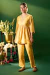 Samyukta Singhania Mustard Silk Embroidery, Mirrors V-neck Hand Tunic And Pant Set Samyukta Singhania_Mustard Silk Embroidery, Mirrors V-neck Hand Tunic And Pant Set
