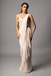 Buy_Vivek Patel_Ivory Georgette Pearls, Sequins, Embroidery Ruffle Pre-draped Saree With Corset _at_Aza_Fashions
