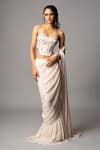 Buy_Vivek Patel_Ivory Georgette Pearls, Sequins, Embroidery Ruffle Pre-draped Saree With Corset _Online_at_Aza_Fashions