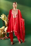 Buy_Samyukta Singhania_Red Organza, Silk, Shantoon Embroidery, Sequins Round Neck, Keyhole Anarkali Set _at_Aza_Fashions