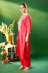 Shop_Samyukta Singhania_Red Silk, Shantoon, Chiffon Embroidery Split V-neck Kurta Pant Set _Online_at_Aza_Fashions