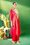 Samyukta Singhania_Red Silk, Shantoon, Chiffon Embroidery Split V-neck Kurta Pant Set _at_Aza_Fashions