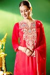Shop_Samyukta Singhania_Red Silk, Shantoon, Chiffon Embroidery Split V-neck Kurta Pant Set 