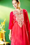 Samyukta Singhania_Red Silk, Shantoon, Chiffon Embroidery Split V-neck Kurta Pant Set _Online