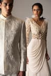 Vivek Patel_Ivory Georgette Beads, Cut Work, Embroidery V-neck Cocktail Hand Saree Gown _at_Aza_Fashions