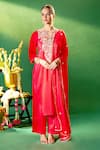 Samyukta Singhania_Red Silk, Shantoon, Chiffon Embroidery Split V-neck Kurta Pant Set 