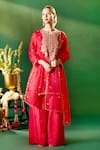 Samyukta Singhania_Red Organza, Silk, Shantoon Embroidery, Sequins Round Neck, Kurta Sharara Set 