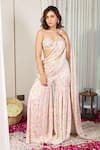 Buy_House Of Karmah_Beige Modal, Satin, Ember Floral Print Pre-draped Gharara Saree With Bustier _Online_at_Aza_Fashions