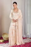 Buy_House Of Karmah_Beige Modal, Satin, Organza Embroidery, Beads, Floral Print Kurta Gharara Set _at_Aza_Fashions