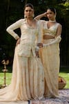 House Of Karmah_Beige Modal, Satin, Organza Embroidery, Beads, Floral Print Kurta Gharara Set _Online_at_Aza_Fashions