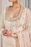 Shop_House Of Karmah_Beige Modal, Satin, Organza Embroidery, Beads, Floral Print Kurta Gharara Set 