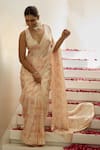 House Of Karmah_Pink Satin, Georgette, Blush Meadow Floral Print Pre-draped Saree With Blouse _Online_at_Aza_Fashions
