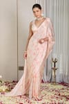 House Of Karmah_Pink Satin, Georgette, Blush Meadow Floral Print Pre-draped Saree With Blouse _at_Aza_Fashions