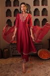 House Of Karmah_Maroon Chanderi, Organza Embroidery, Zari Split V-neck Kumkum Kurta Set _Online_at_Aza_Fashions