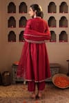 Shop_House Of Karmah_Maroon Chanderi, Organza Embroidery, Zari Split V-neck Kumkum Kurta Set _at_Aza_Fashions