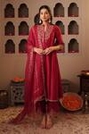 Buy_House Of Karmah_Maroon Chanderi, Organza Embroidery, Zari Split V-neck Kumkum Kurta Set _at_Aza_Fashions