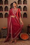 Buy_House Of Karmah_Maroon Chanderi, Organza Embroidery, Zari Split V-neck Kumkum Kurta Set _Online_at_Aza_Fashions