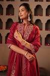 Shop_House Of Karmah_Maroon Chanderi, Organza Embroidery, Zari Split V-neck Kumkum Kurta Set _Online_at_Aza_Fashions