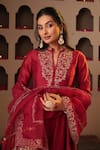 Buy_House Of Karmah_Maroon Chanderi, Organza Embroidery, Zari Split V-neck Kumkum Kurta Set 