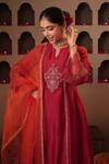 House Of Karmah_Maroon Chanderi, Organza Embroidery, Zari V-neck Ruh E Gul Kurta Set _Online_at_Aza_Fashions