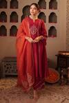 Buy_House Of Karmah_Maroon Chanderi, Organza Embroidery, Zari V-neck Ruh E Gul Kurta Set _at_Aza_Fashions