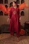 Buy_House Of Karmah_Maroon Chanderi, Organza Embroidery, Zari V-neck Ruh E Gul Kurta Set _Online_at_Aza_Fashions