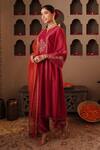 Shop_House Of Karmah_Maroon Chanderi, Organza Embroidery, Zari V-neck Ruh E Gul Kurta Set _Online_at_Aza_Fashions