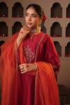 House Of Karmah_Maroon Chanderi, Organza Embroidery, Zari V-neck Ruh E Gul Kurta Set _at_Aza_Fashions
