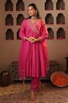 Buy_House Of Karmah_Pink Chanderi, Organza Embroidery, Zari V-neck Gulaabi Saaz Anarkali Set _at_Aza_Fashions
