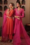 Shop_House Of Karmah_Pink Chanderi, Organza Embroidery, Zari V-neck Gulaabi Saaz Anarkali Set _Online_at_Aza_Fashions