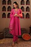 Shop_House Of Karmah_Pink Chanderi, Organza Embroidery, Zari V-neck Gulaabi Saaz Anarkali Set 