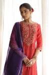 Buy_House Of Karmah_Red Chanderi, Organza Embroidery, Sequins Round Neck Phoolwari Kurta Set _Online_at_Aza_Fashions