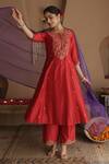 Shop_House Of Karmah_Red Chanderi, Organza Embroidery, Sequins Round Neck Phoolwari Kurta Set _Online_at_Aza_Fashions