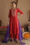 House Of Karmah_Red Chanderi, Organza Embroidery, Sequins Round Neck Phoolwari Kurta Set _at_Aza_Fashions